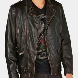 Asymmetrical Zipper Distressed Brown Jacket