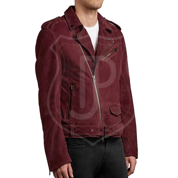 Burgundy Suede Double Biker Jacket - Image 2