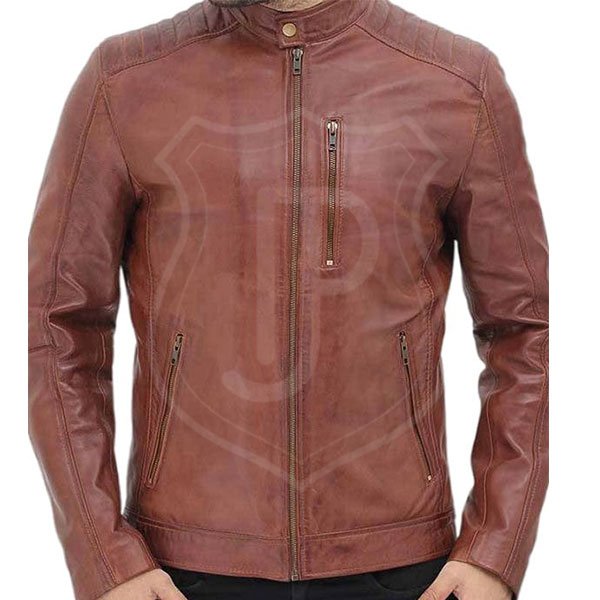 Men's Padded Brown Leather Biker Jacket - Image 3