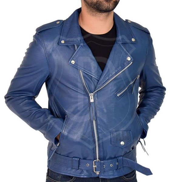 Sky Blue Double Biker Leather Jacket - Image 3