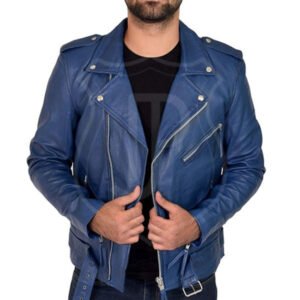 Sky Blue Double Biker Leather Jacket