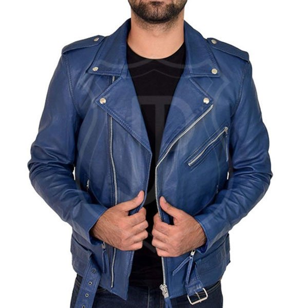 Sky Blue Double Biker Leather Jacket