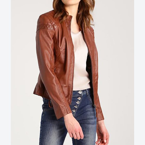 Women Brown Cafe Racer Leather Jacket