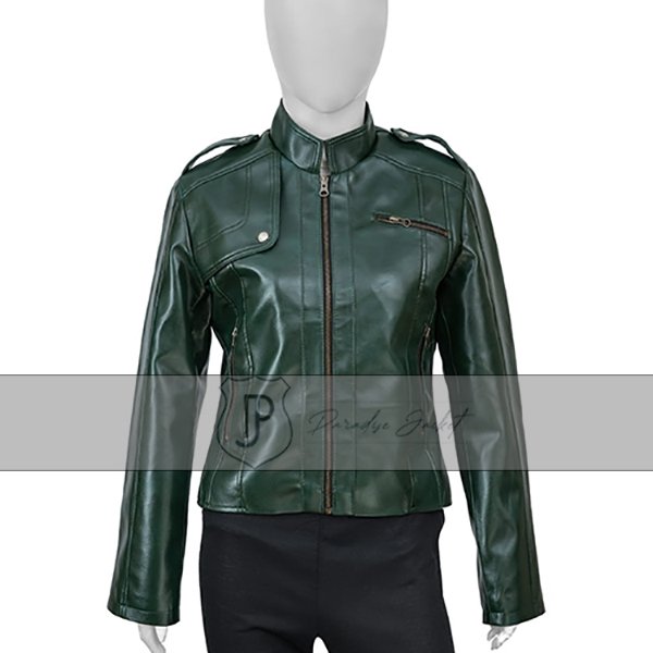 Women Green Leather Jacket - Image 4