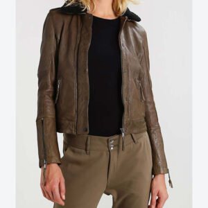Women Shearling Collar Leather Jacket