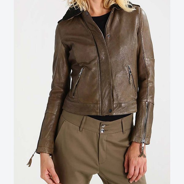 Women Shearling Collar Leather Jacket