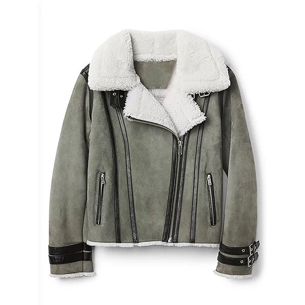 WOMEN'S SHEARLING GREY MOTORCYCLE LEATHER JACKET