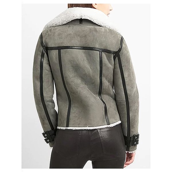 WOMEN'S SHEARLING GREY MOTORCYCLE LEATHER JACKET