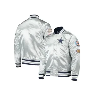 DALLAS COWBOYS FULL SNAP SILVER SATIN VARSITY JACKET