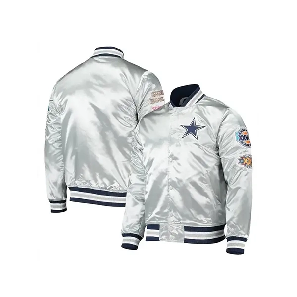 DALLAS COWBOYS FULL SNAP SILVER SATIN VARSITY JACKET