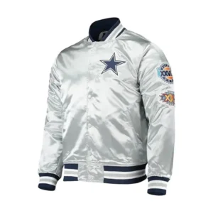 DALLAS COWBOYS FULL SNAP SILVER SATIN VARSITY JACKET