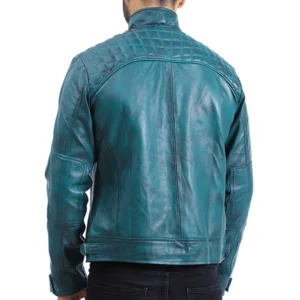 Mens Quilted Green Cafe Racer Leather Jacket