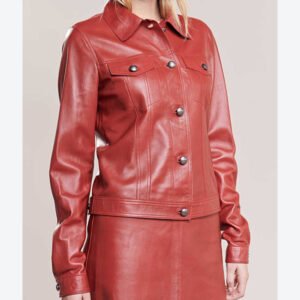 Women Buttoned Red Leather Jacket