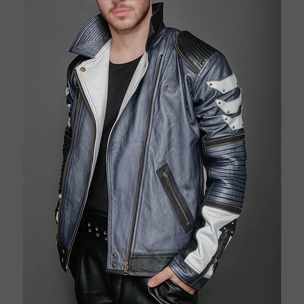 Mike Blue Mens Leather Metallic Jacket
