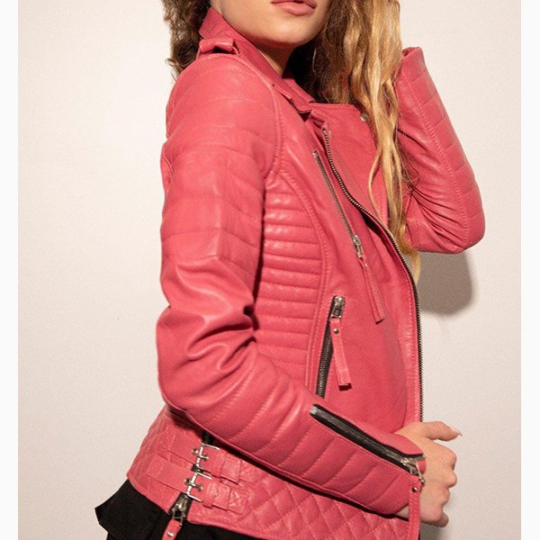 Womens Quilted Pink Leather Motorcycle Jacket - Image 3