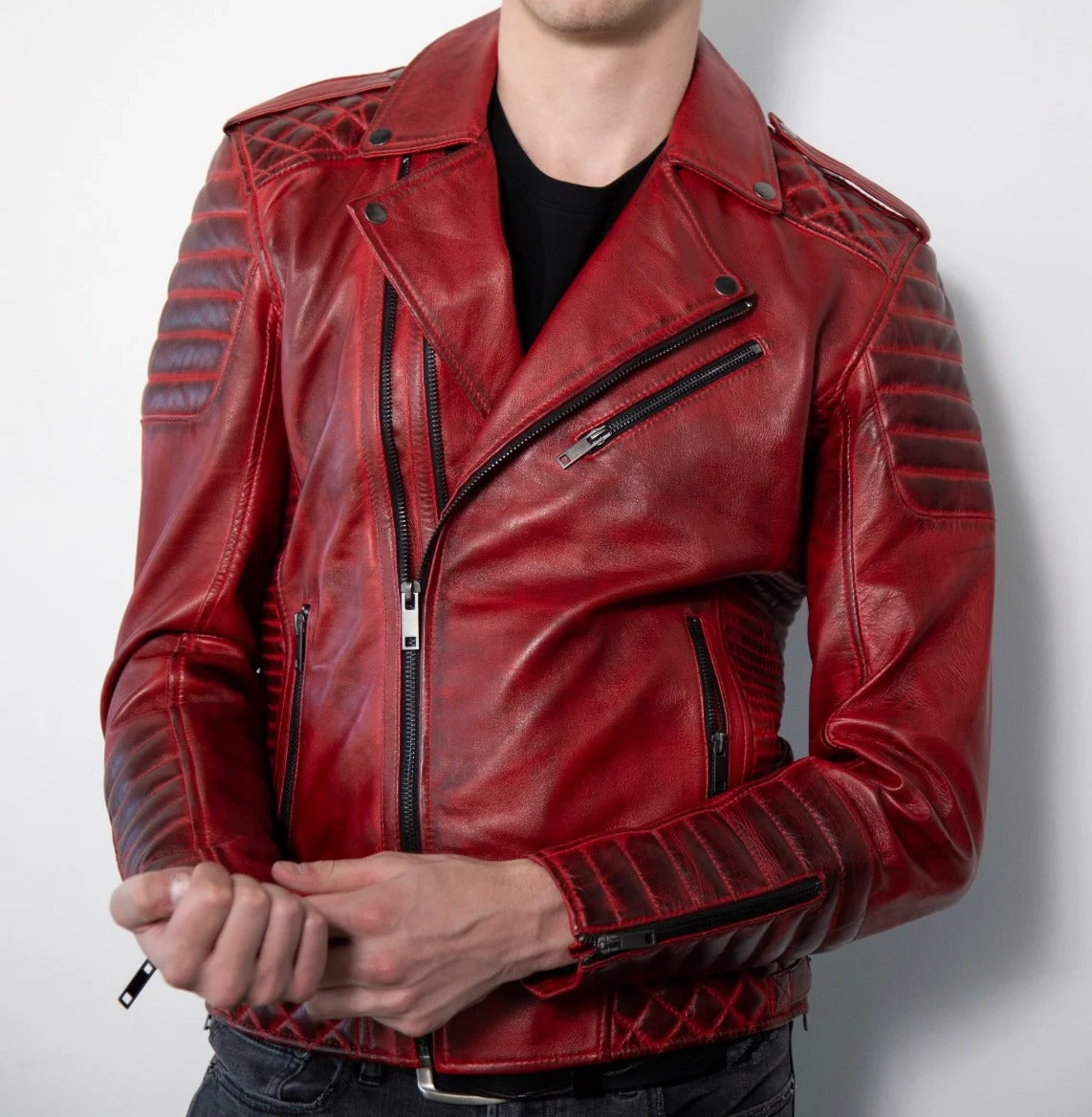 Motorcycle Quilted Red Leather Jacket