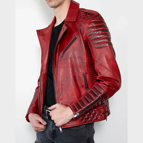 Motorcycle Quilted Red Leather Jacket