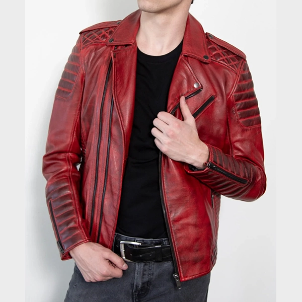 Motorcycle Quilted Red Leather Jacket