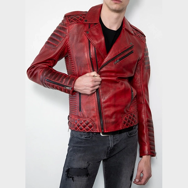 Motorcycle Quilted Red Leather Jacket