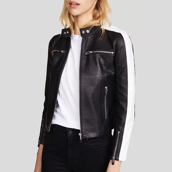 WOMENS ZIPPER POCKETS BLACK LEATHER JACKET