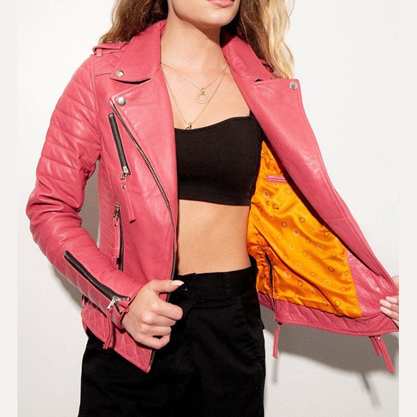 Womens Quilted Pink Leather Motorcycle Jacket