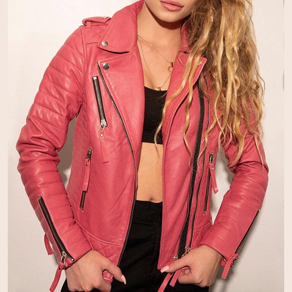 Womens Quilted Pink Leather Motorcycle Jacket