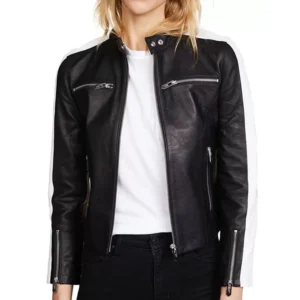 WOMENS ZIPPER POCKETS BLACK LEATHER JACKET