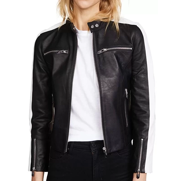 WOMENS ZIPPER POCKETS BLACK LEATHER JACKET