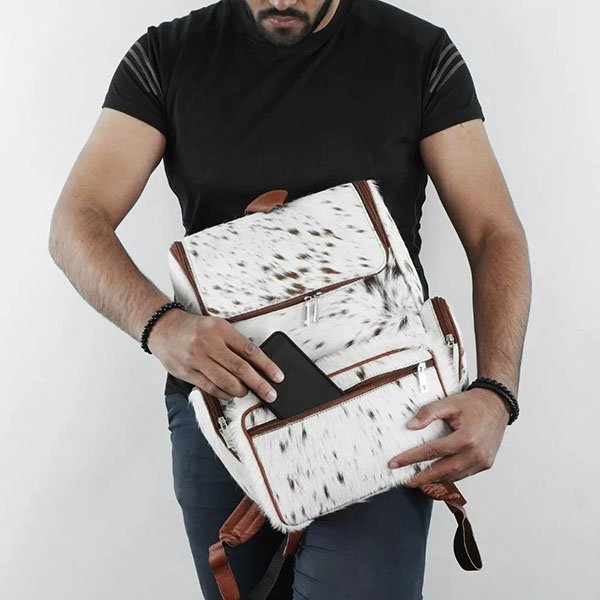 White & Brown Fur Cowhide Backpack