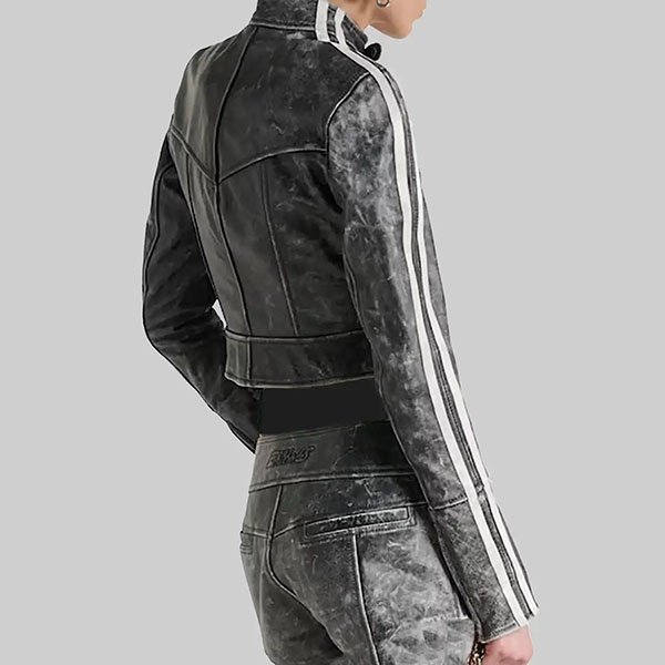 Katy Perry Grey Distressed Leather Biker Jacket