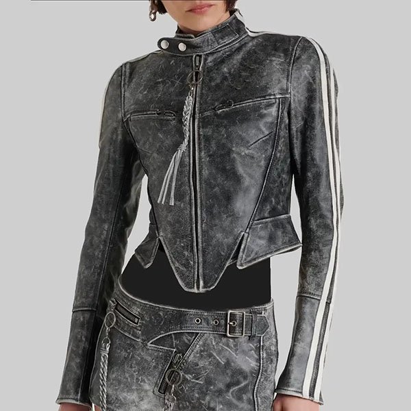 Katy Perry Grey Distressed Leather Biker Jacket