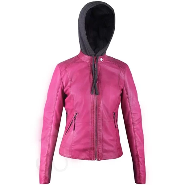 Women Quilted Real Leather Fix Hoodie Jacket