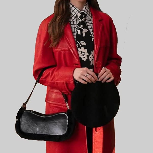 Emily in Paris Lily Collins Red Leather Coat