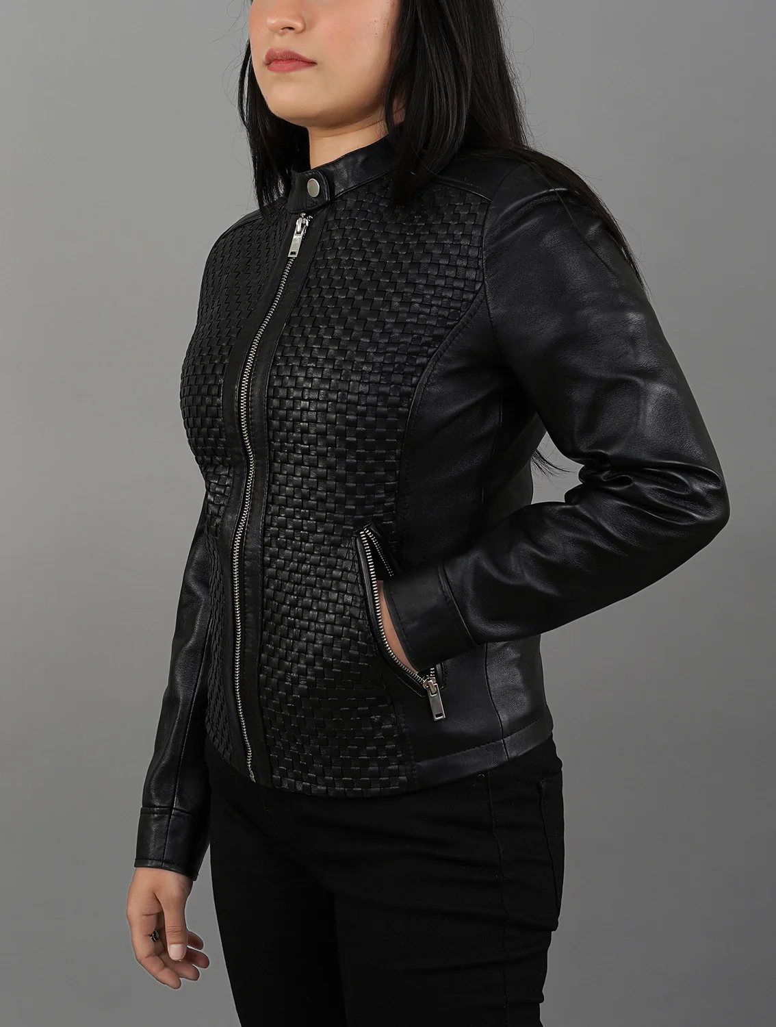 Womens Quilted Patterned Black Real Sheepskin Leather Jacket