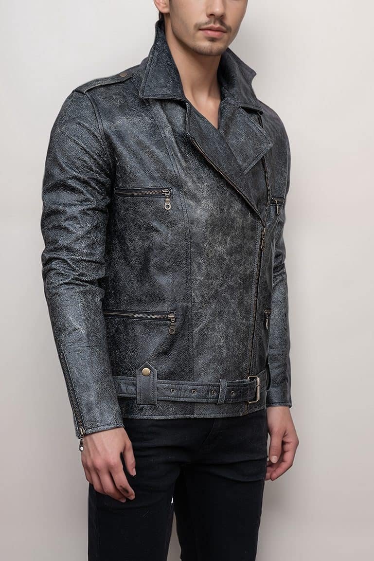Men’s Vintage Style Distressed Black Leather Biker Jacket