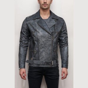 Men’s Vintage Style Distressed Black Leather Biker Jacket