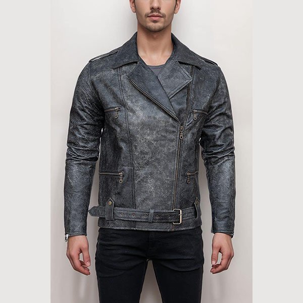 Men’s Vintage Style Distressed Black Leather Biker Jacket