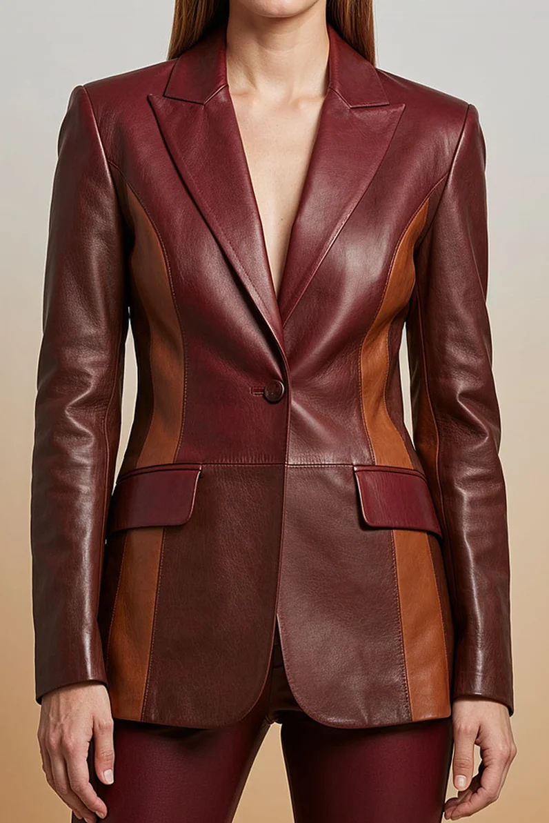 Women’s Burgundy Two Tone Lambskin Leather Blazer