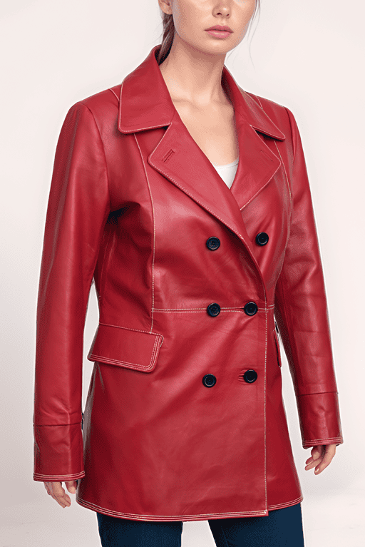 Women’s Classic Red Double-Breasted Leather Blazer
