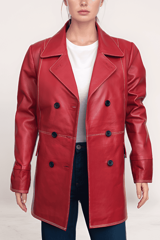 Women’s Classic Red Double-Breasted Leather Blazer - Image 2