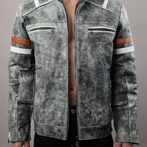 Retro Distressed Grey Leather Jacket