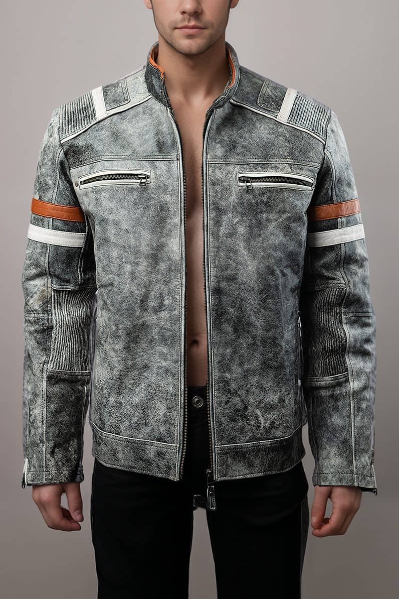 Retro Distressed Grey Leather Jacket - Image 2