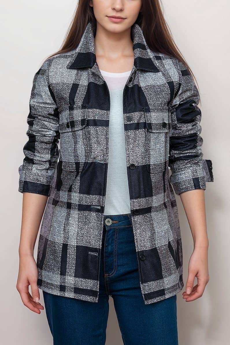 Women’s Black and White Plaid Shirt Jacket