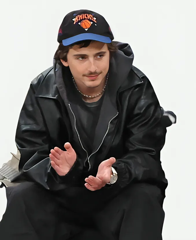 Timothee Chalamet Knicks vs Hawks Game 5 Black Jacket