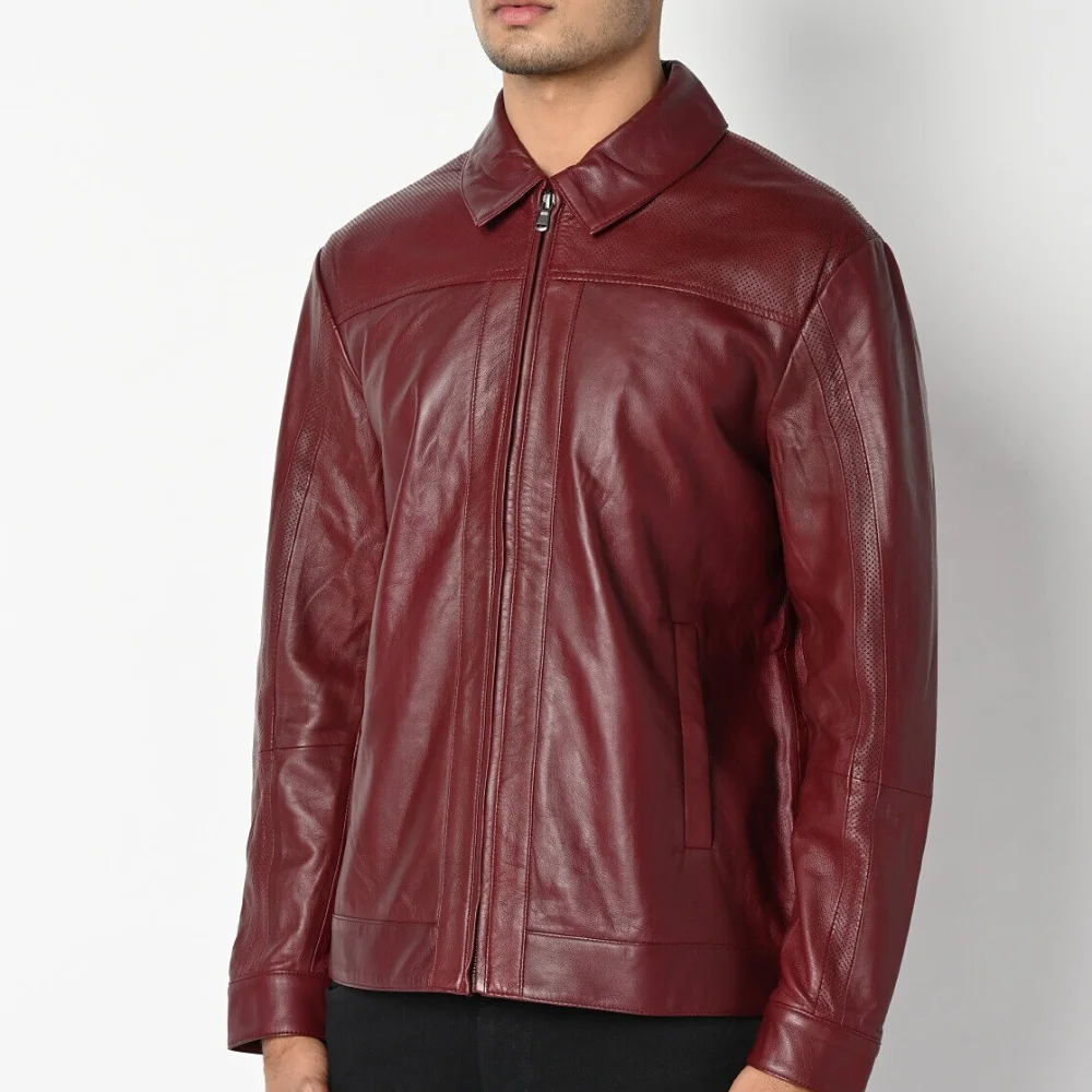 Mens Plain Red Leather Jacket