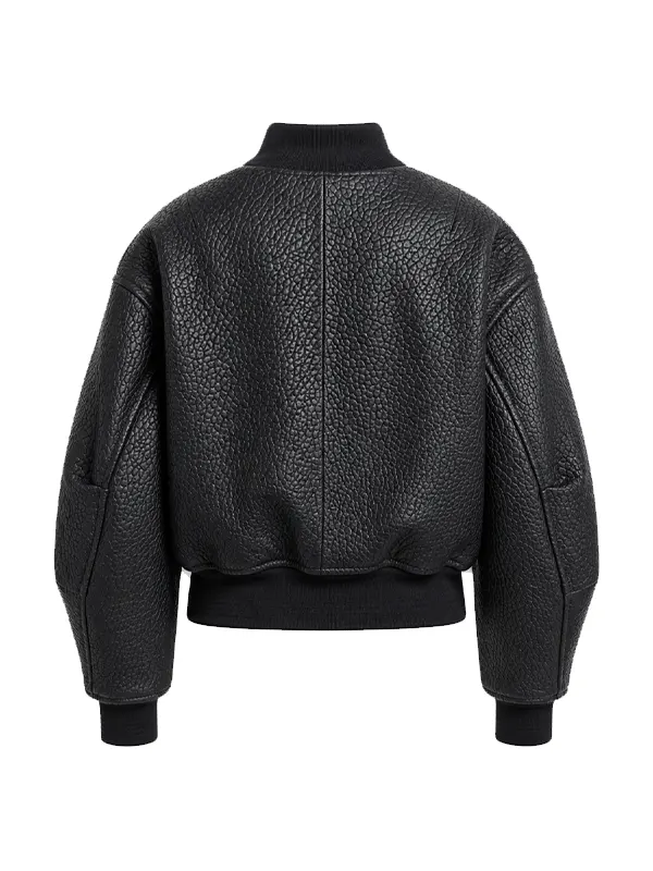 Women Primal Black Leather Crop Bomber Jacket