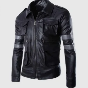 Black Leather Jacket with Grey Stripes