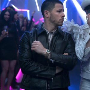 A Very Jonas Christmas Movie 2025 Nick Jonas Black Leather Jacket