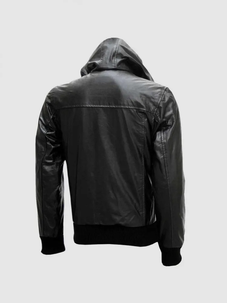 Black Leather Jacket with Hoodie