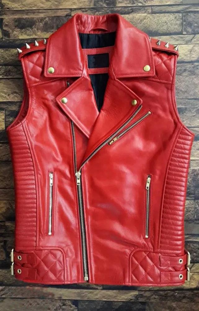 Men's Red Leather Biker Vest
